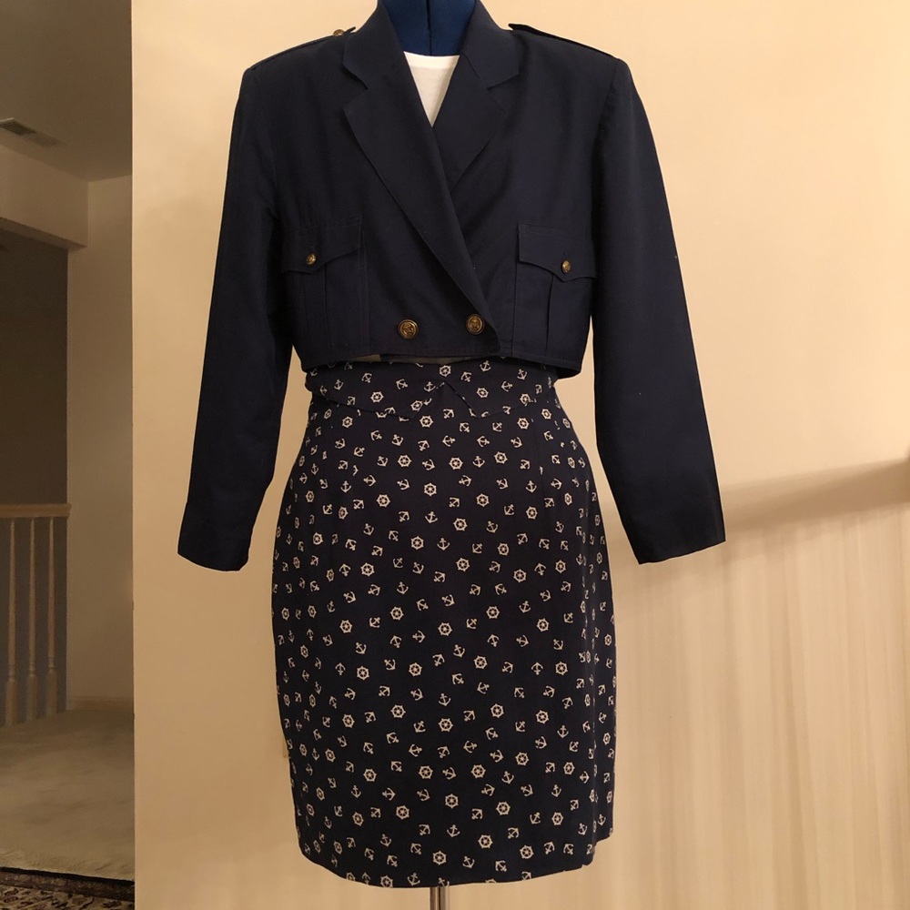 Vintage Navy and White Cropped Jacket and Skirt
